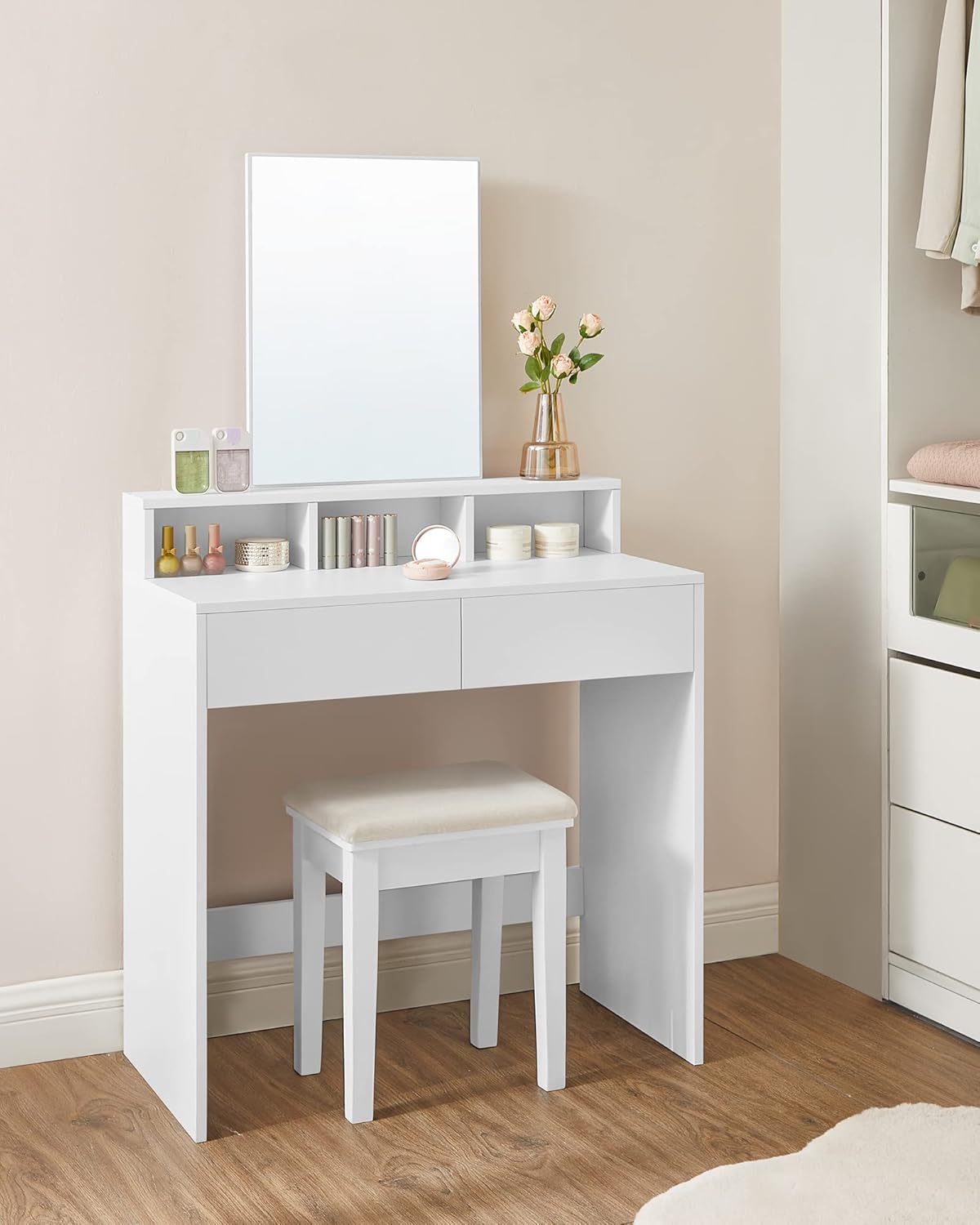 VASAGLE - Kailyn Collection - 40x80x140 cm - coiffeuse moderne, 2 tiroirs, miroir, blanc, RDT113W01