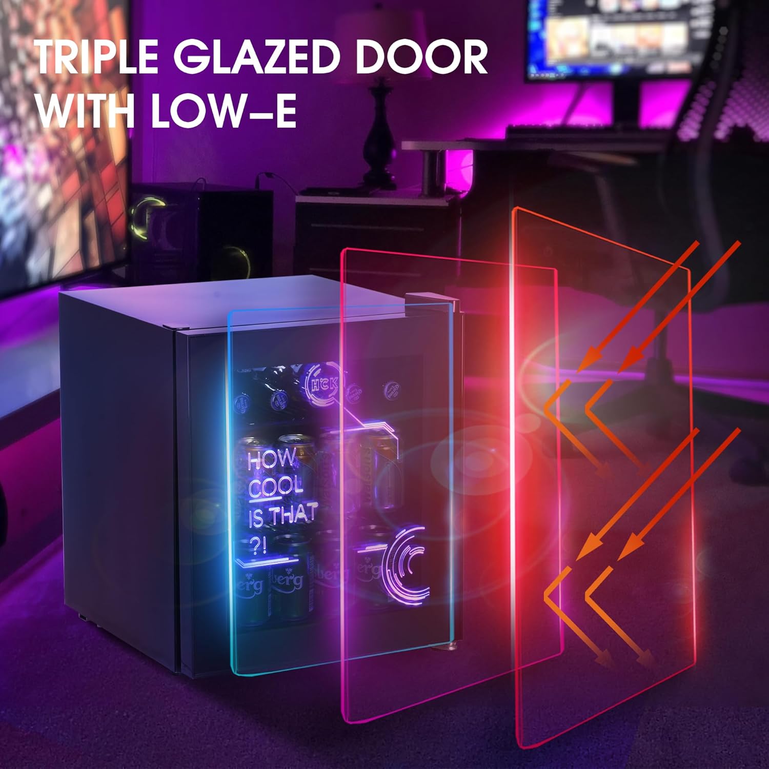 HCK - Mini Frigo Cyberpunk - 48L - Éclairage LED, 0-15°C, silencieux