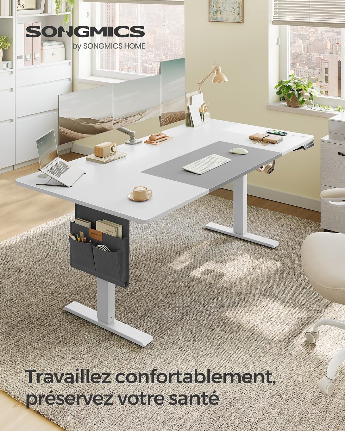 SONGMICS - Bureau électrique série assis-debout - 180x80 cm - Réglable, mémoire 4 hauteurs, USB-C, blanc/gris - LSD028WZ
