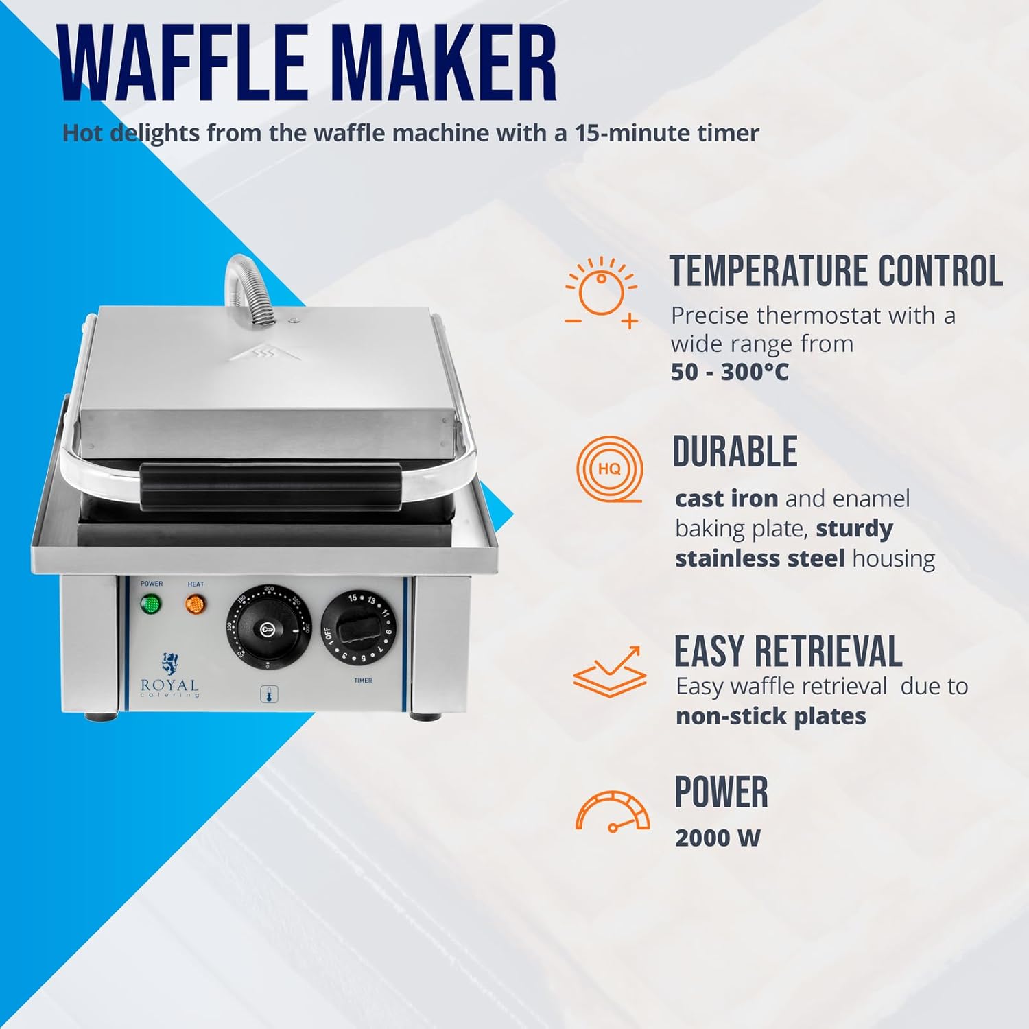 Royal Catering - RCWM-2000-E - 37x32x50cm - 2.000W, minuterie, gaufre 10x17cm
