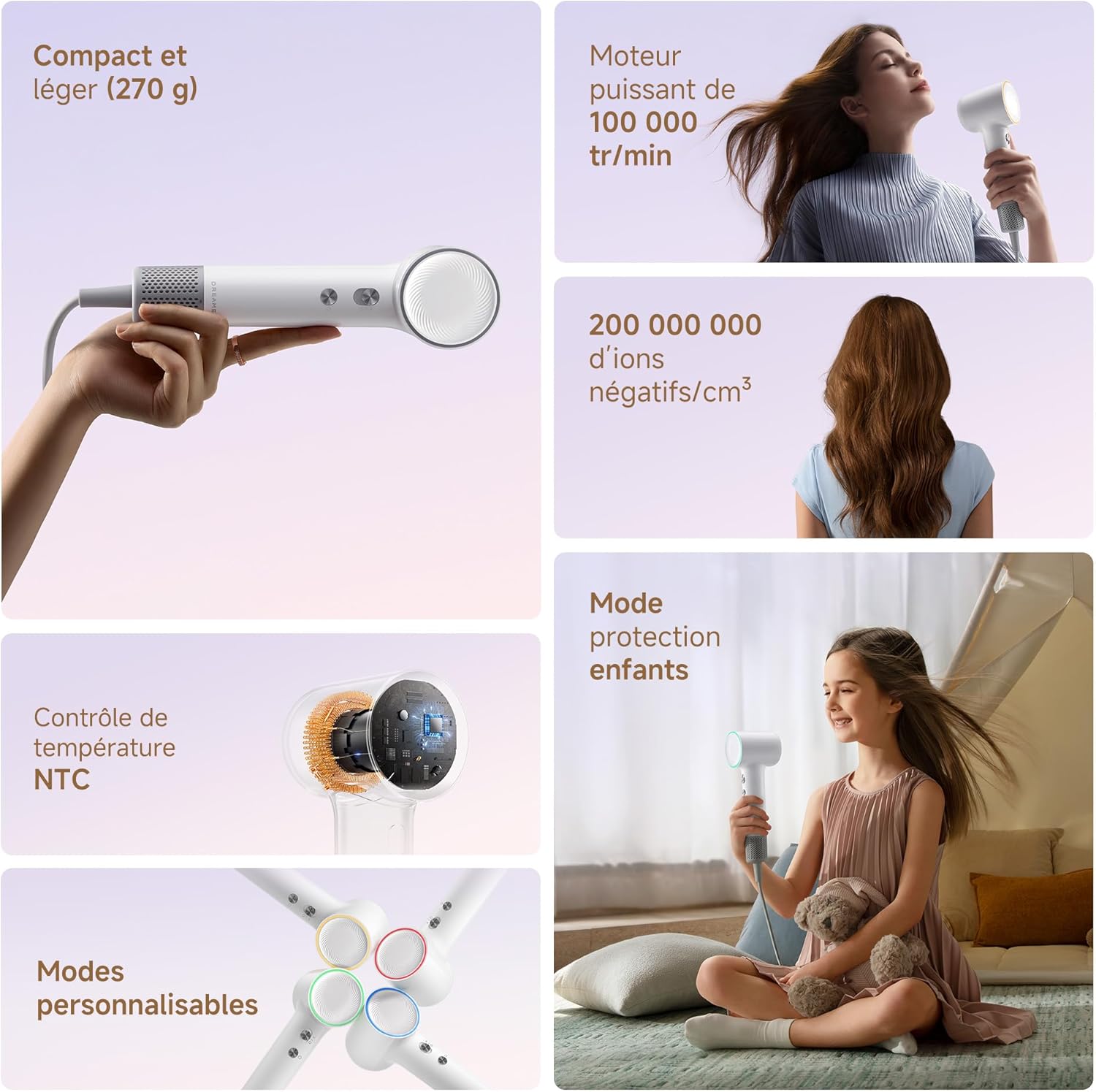 Dreame - Mini Sèche-Cheveux - 270g - Moteur 100000 tr/min, ions, 5 modes