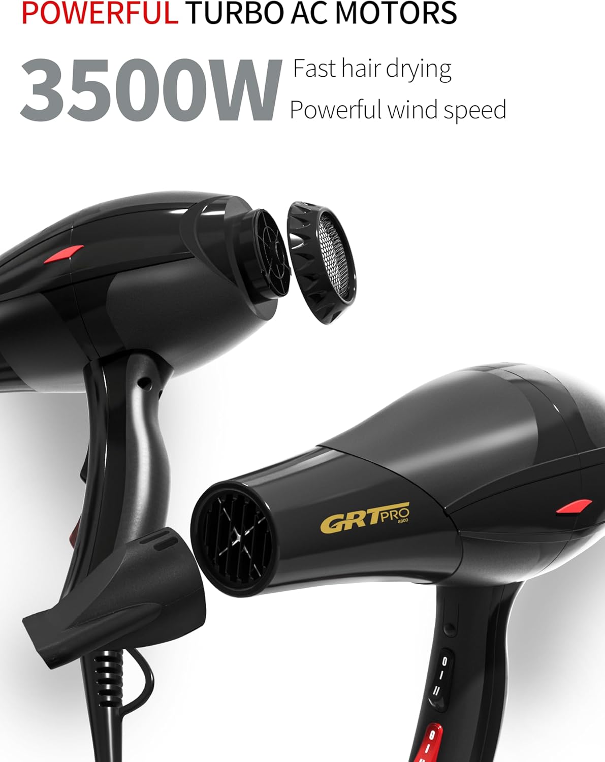 Sèche-cheveux professionnel – 3500W, ionique, céramique, diffuseur, 3 températures, 2 vitesses