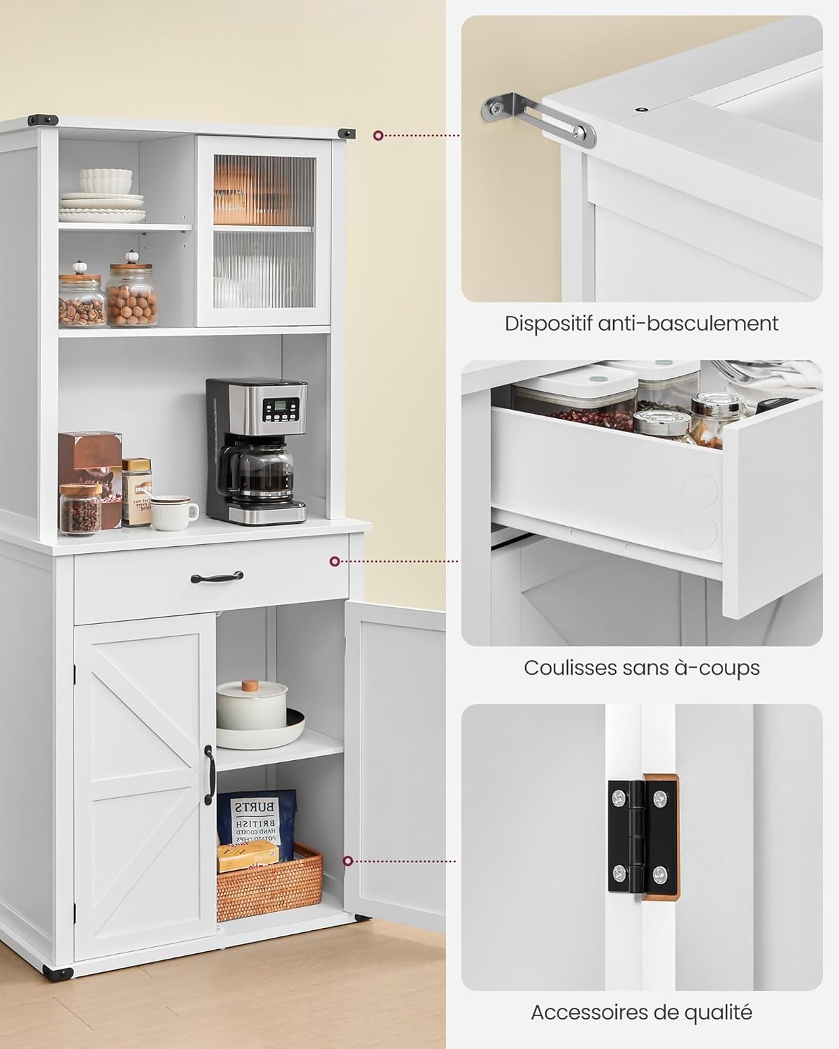 VASAGLE - meuble de rangement cuisine - 39,5x80,4x180,6cm - lumières, chargeur, portes, tiroirs, étagères réglables BBK3
