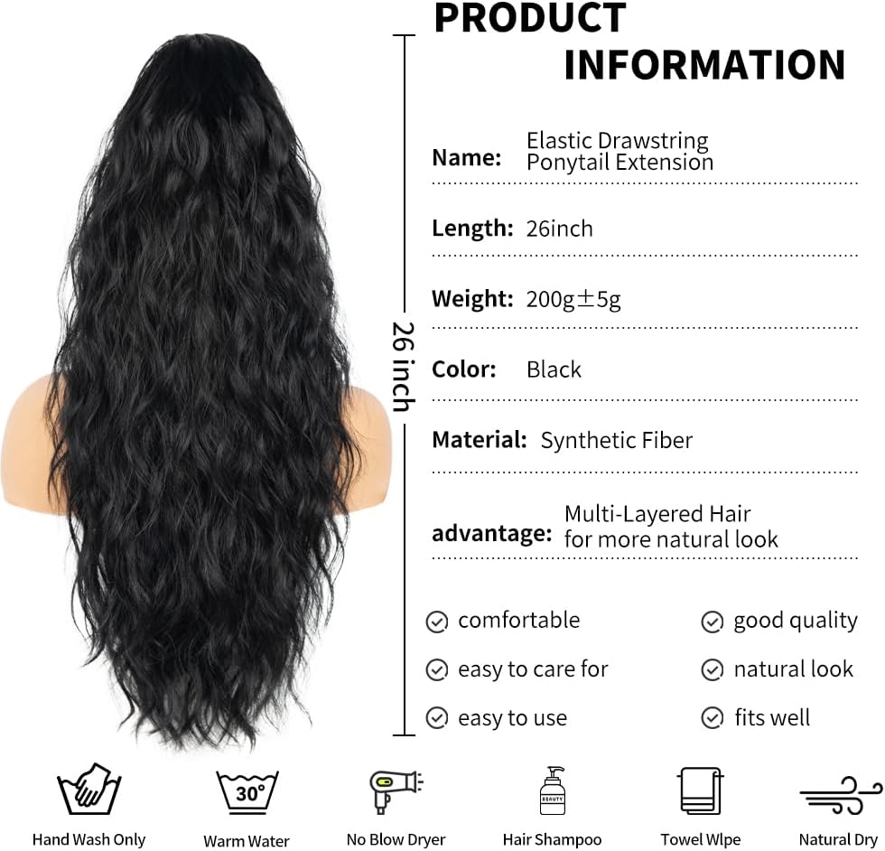 Extension cheveux naturel - ponytail 66cm - ondulée, cordon, couleur 1B#