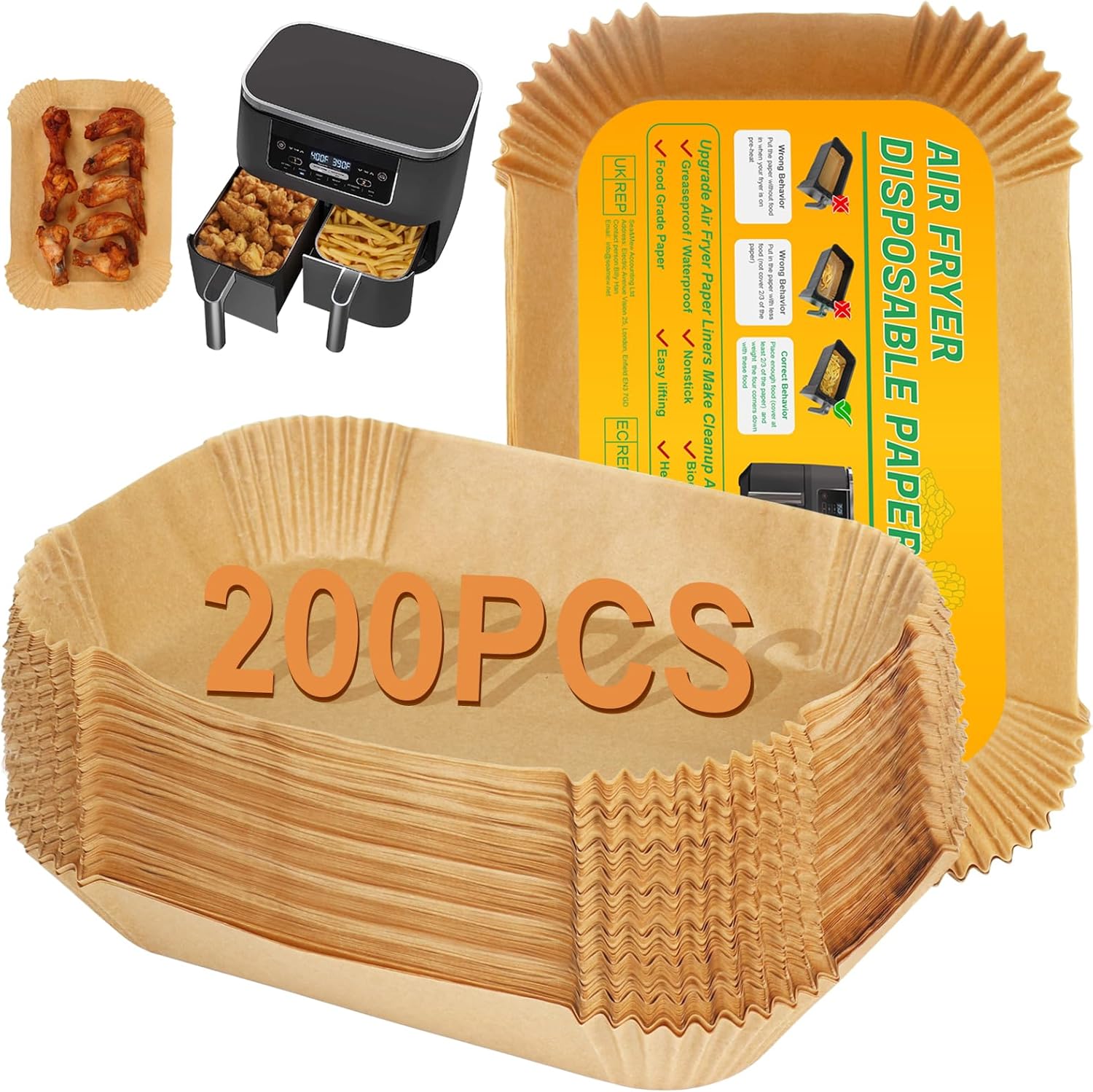 BYKITCHEN - papier cuisson friteuse - 200 pcs, 9,5L, accessoires air fryer, AF300EU/AF400EU/SL400EU