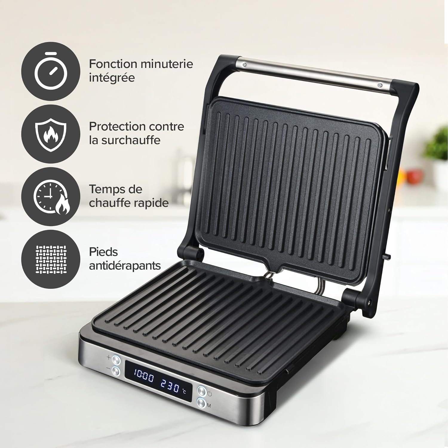 Olvy - Appareil à Croque-Monsieur 3-en-1, 2000W, plaques antiadhésives, ouverture 180°, température réglable, minuterie,