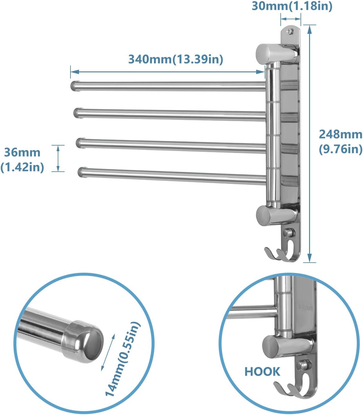 JSVER - porte-serviettes rotatif 4 barres inox 180° - montage mural salle de bain - SUS304