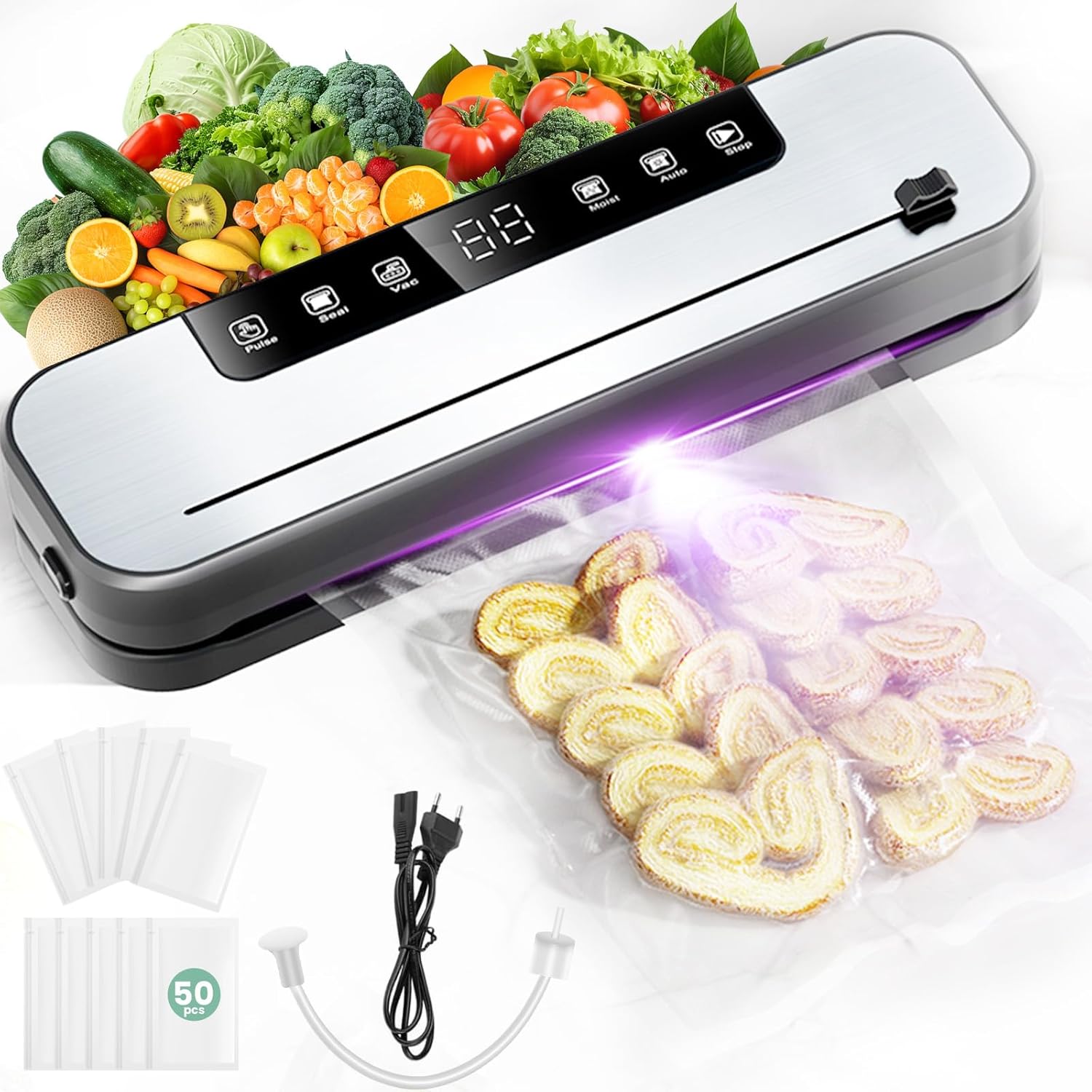 Machine sous vide alimentaire - 6 en 1, 75kPa, mode sec/humide, 50 sacs, couteau