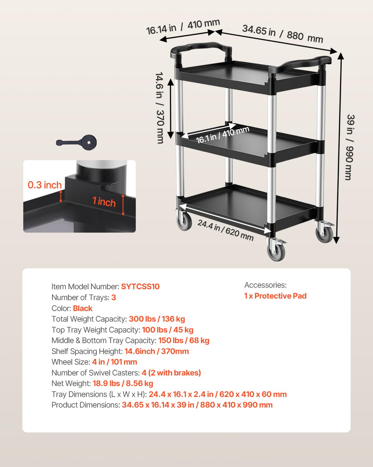 VEVOR - Chariot de service à 3 niveaux, 880x410x990mm, roulettes pivotantes