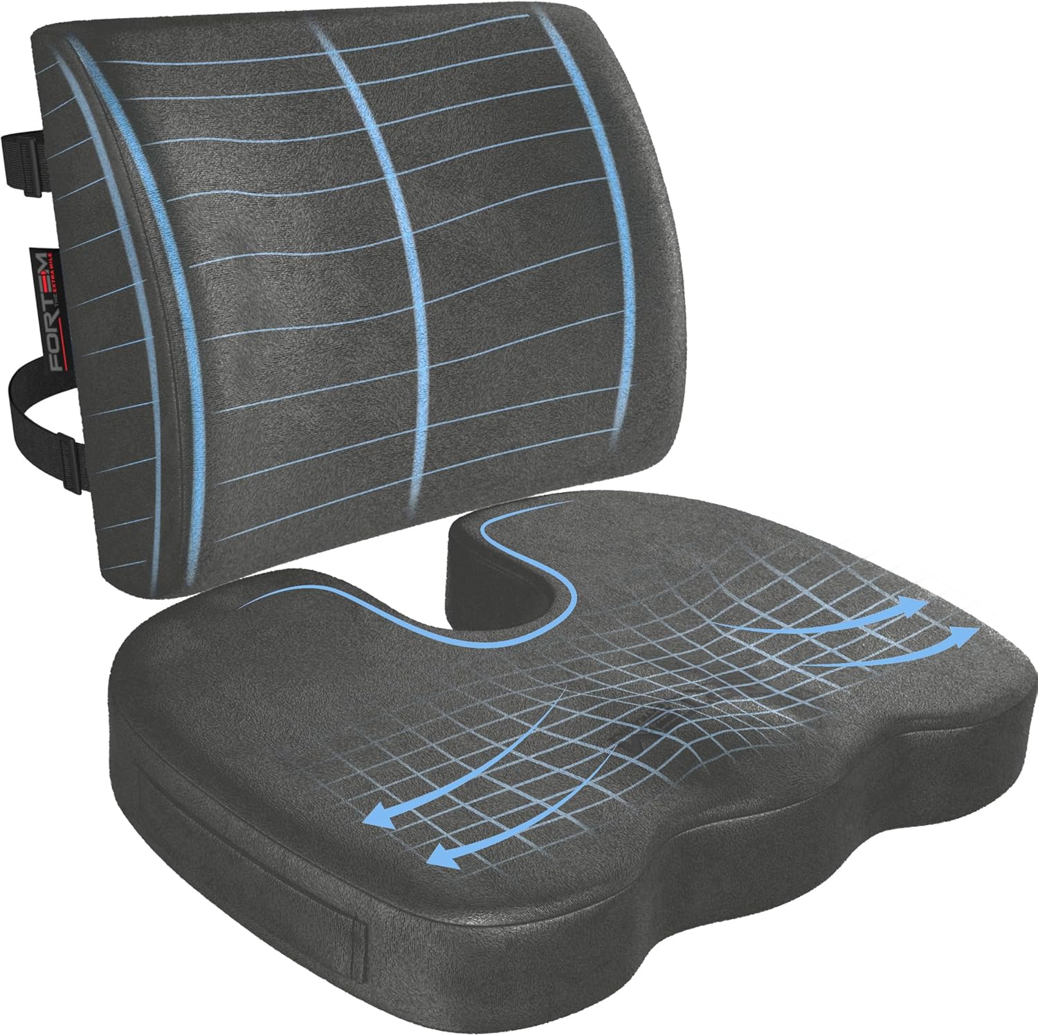 FORTEM - coussin lombaire/assise mémoire de forme - antidérapant - soutien prolongé dos, confort chaise et auto