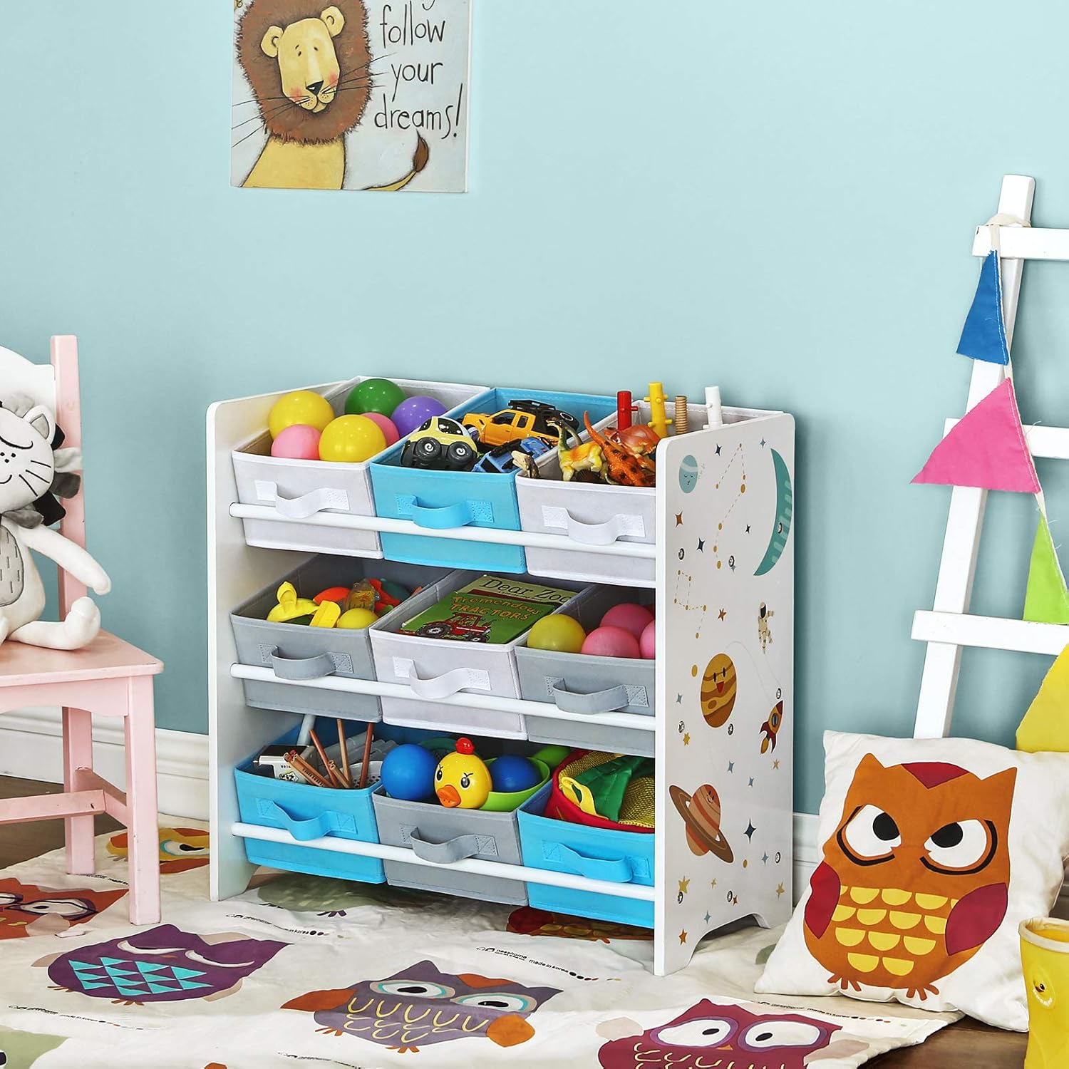 SONGMICS - étagère rangement enfant, 62,5x29,5x60cm, 9 boîtes amovibles, motif espace GKR33WT