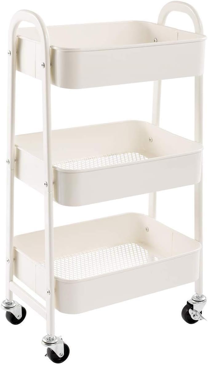 DOEWORKS - chariot métal 3 niveaux, roulettes, blanc, rangement cuisine