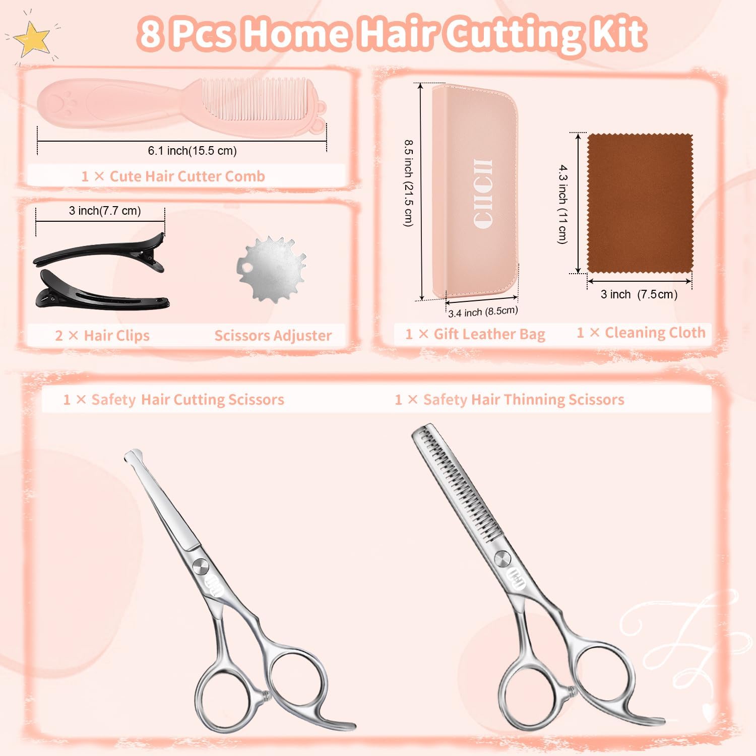 Ciseaux de coiffure enfant sécurité pointe ronde, 13cm, set pro CIICII