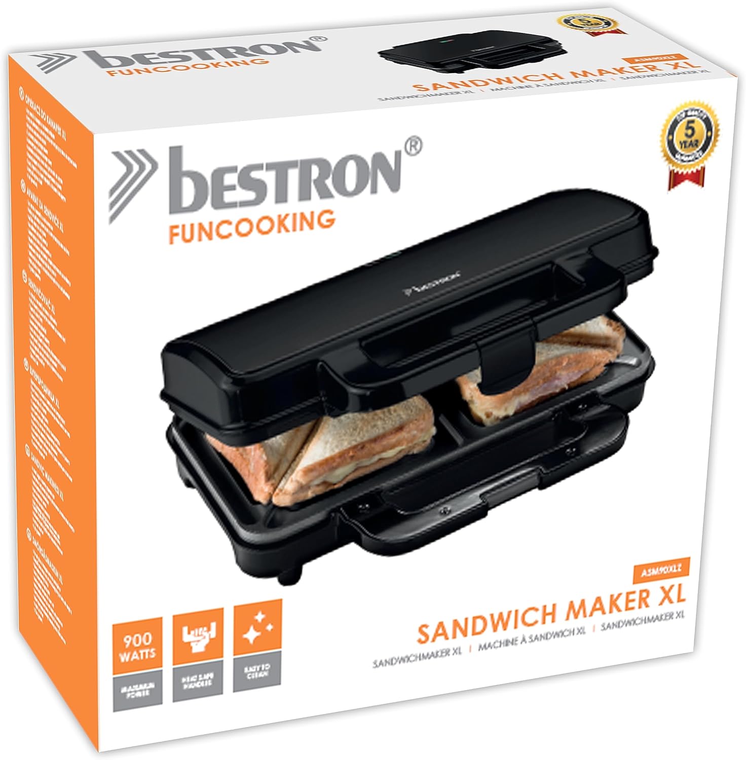 Bestron - appareil sandwich série noire - compact - antiadhésif, indicateur, réglage auto