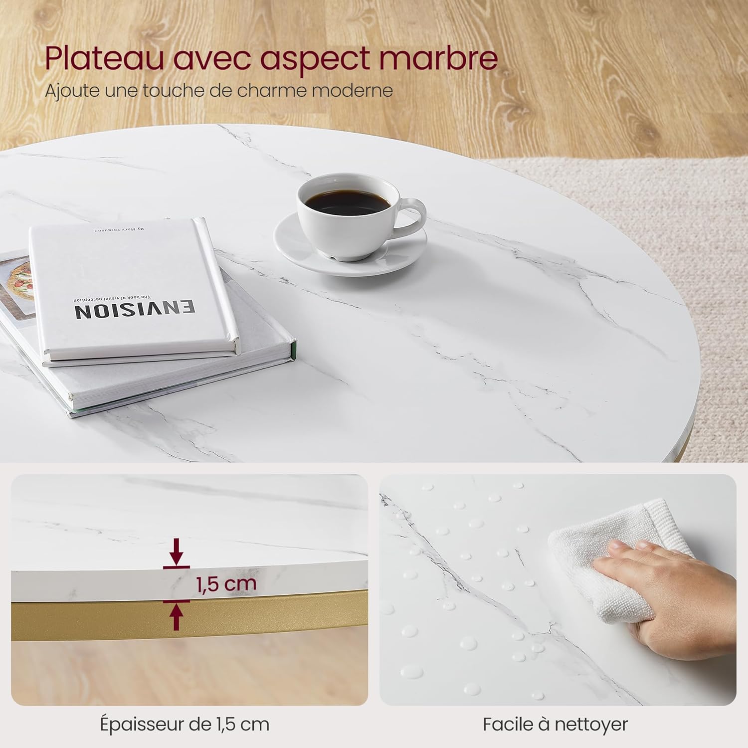 VASAGLE - table basse moderne marbre/verre 59x40cm dorée LCT071W59