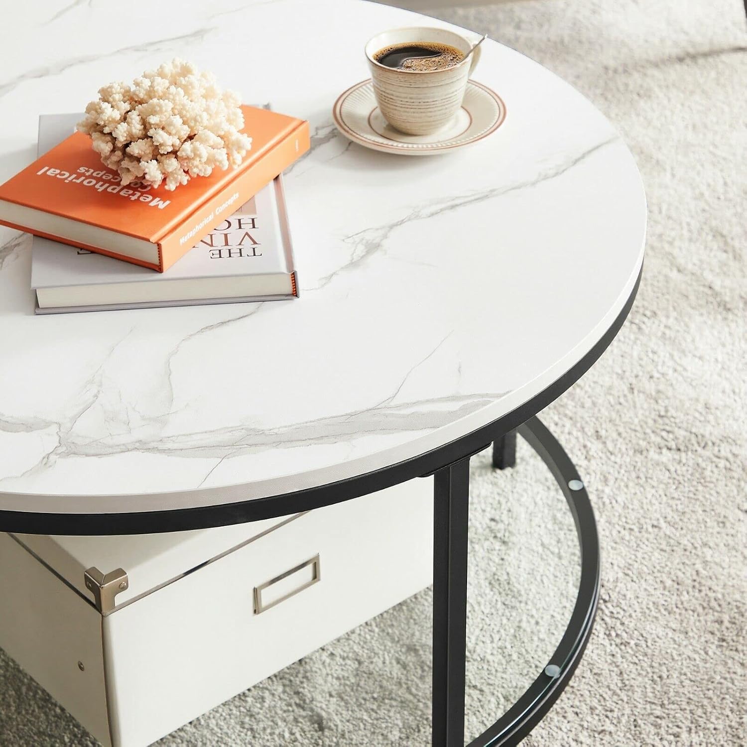 VASAGLE - table basse moderne, marbre blanc/verre trempé, LCT071B13