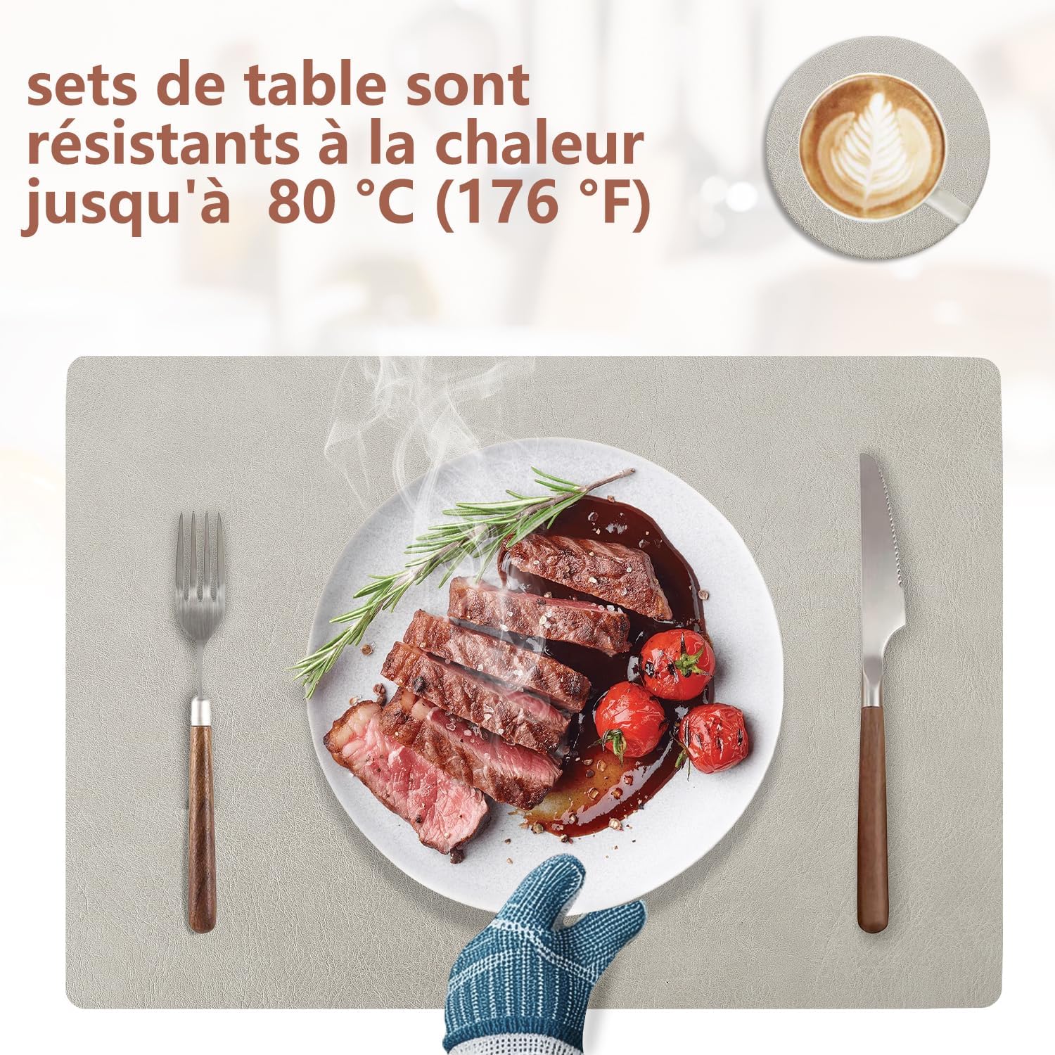 Set de table - lot de 4, cuir PU double face, 43x30cm, lavable, antidérapant