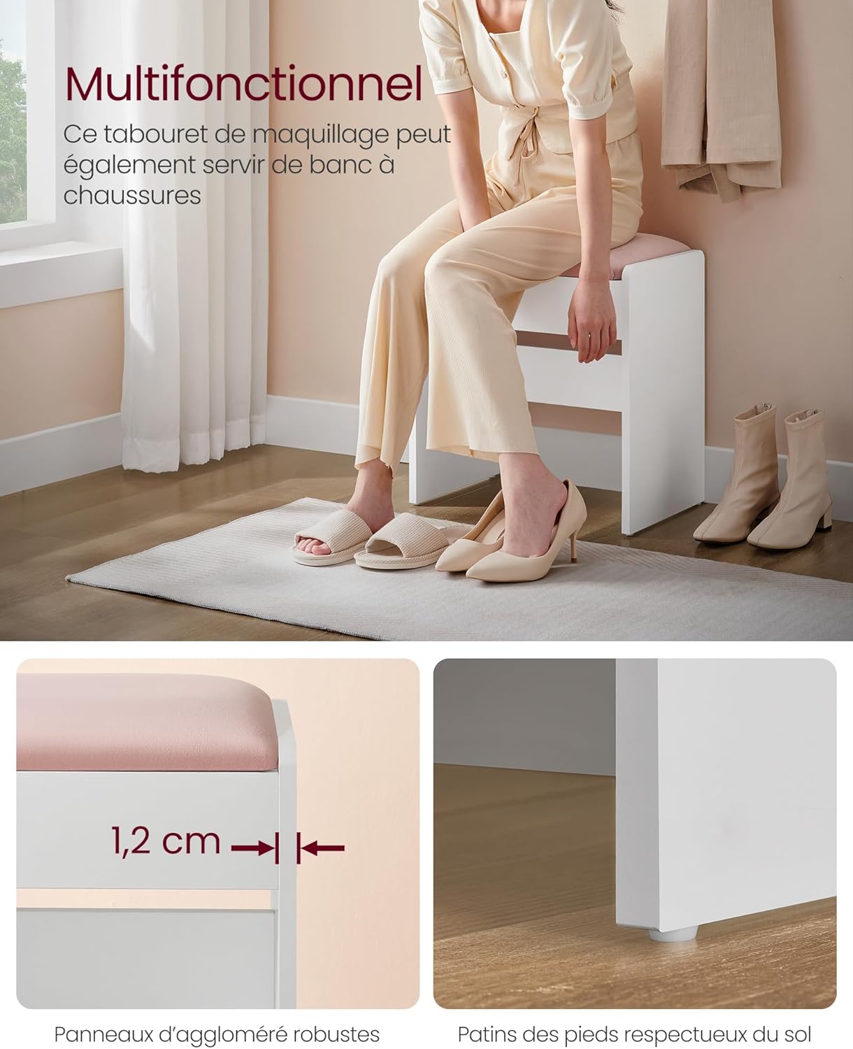 VASAGLE - Kailyn Collection - 80 cm - Coiffeuse miroir lumière, tabouret, rangements, RDT714W01