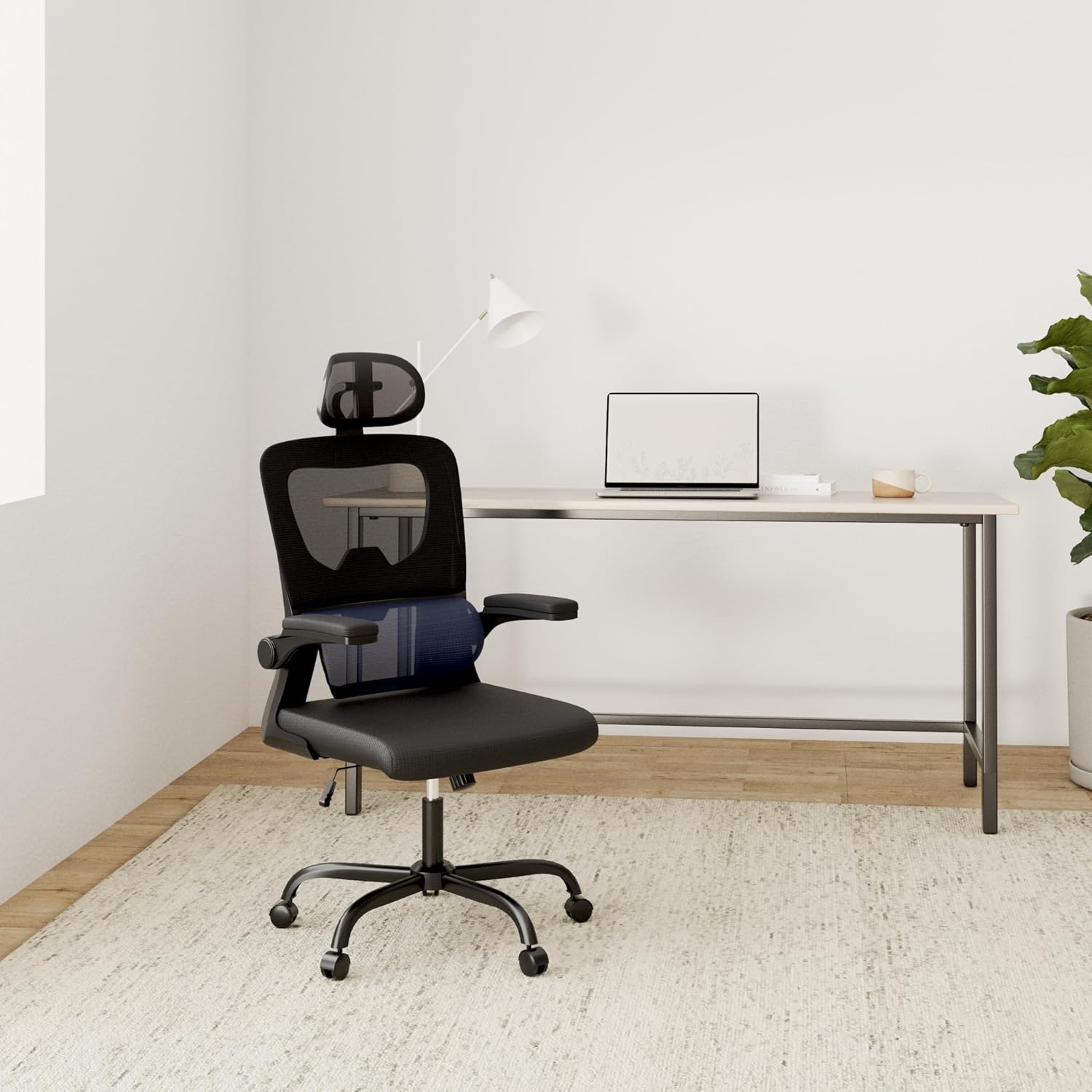 Chaise de bureau ergonomique - appui-tête & lombaire réglables - accoudoirs réversibles, maille noire, usage maison et b