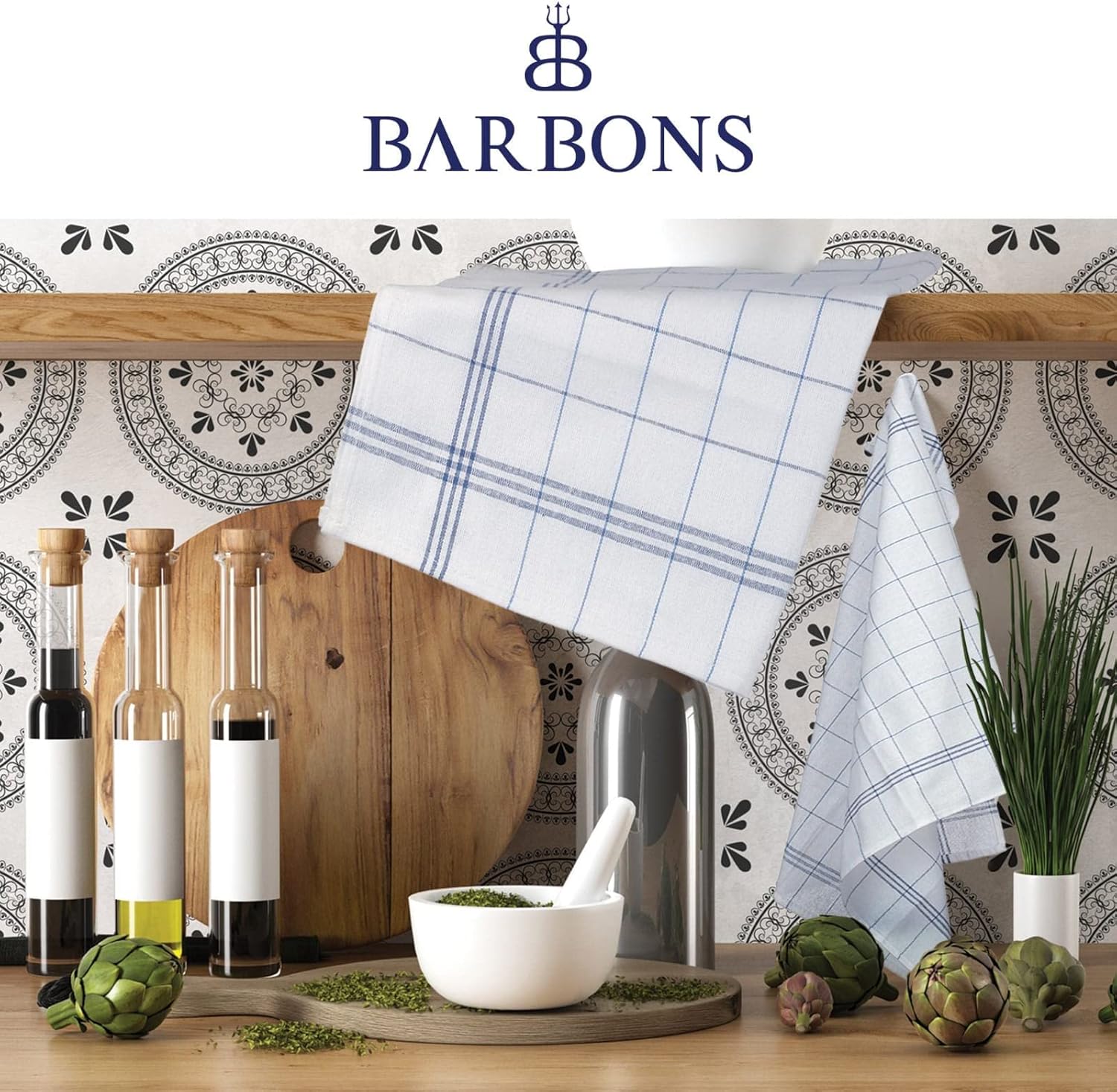 BARBONS - Lot 20 torchons à carreaux 50x70 cm - coton Oeko-TEX, bleu