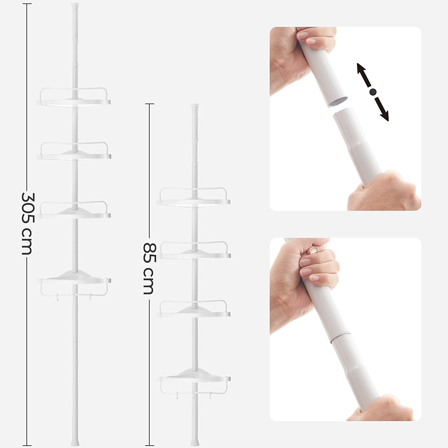 SONGMICS - étagère d'angle télescopique 85-305 cm - 4 niveaux, hauteur réglable, salle de bain BCB001A