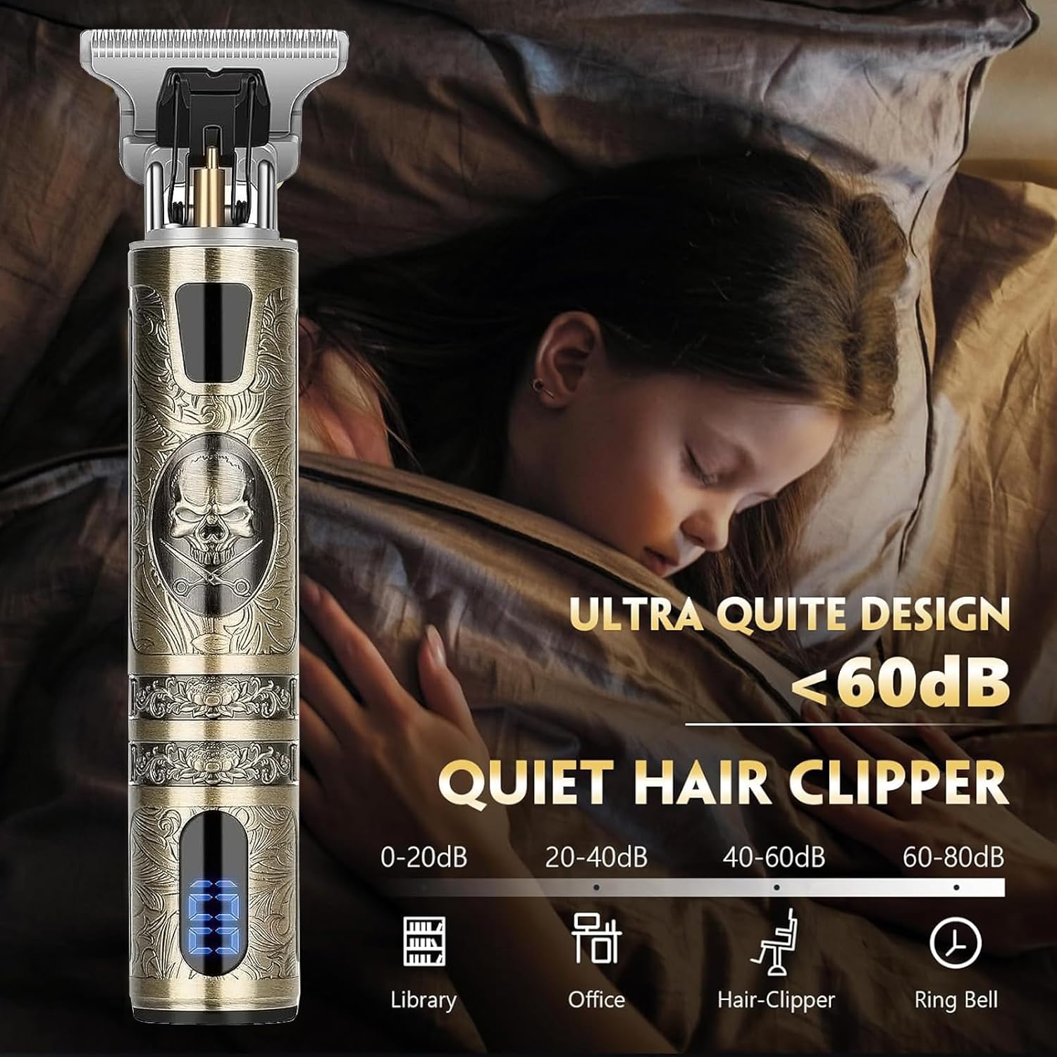 Tondeuse cheveux homme - squelette - 4 peignes, lame T, IPX7, USB