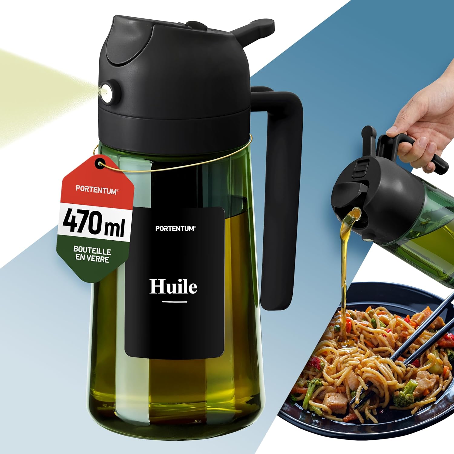 PORTENTUM - spray huile cuisine 2 en 1 470ml - verre vert, spray et verseur