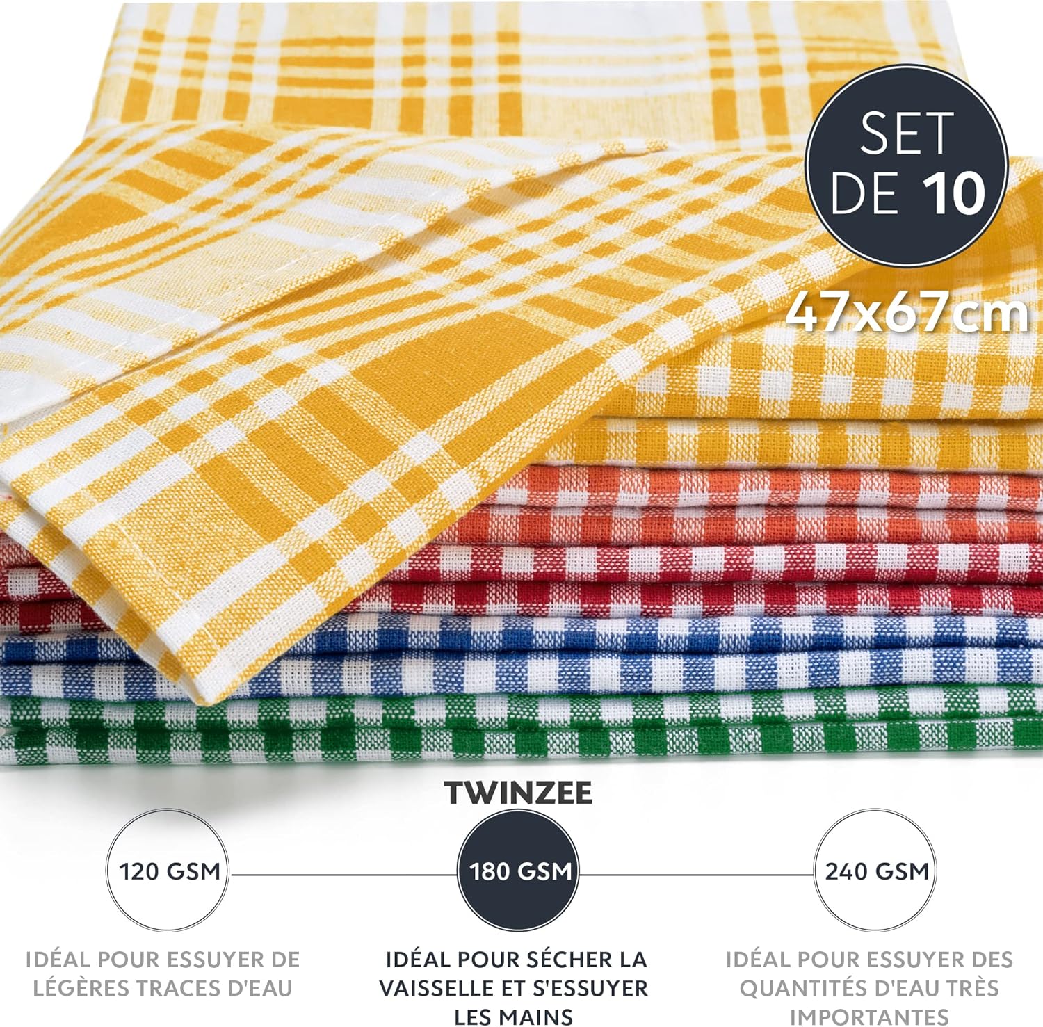 Twinzee - torchons cuisine lot de 10 - 67x47 cm - coton rétro Oeko Tex
