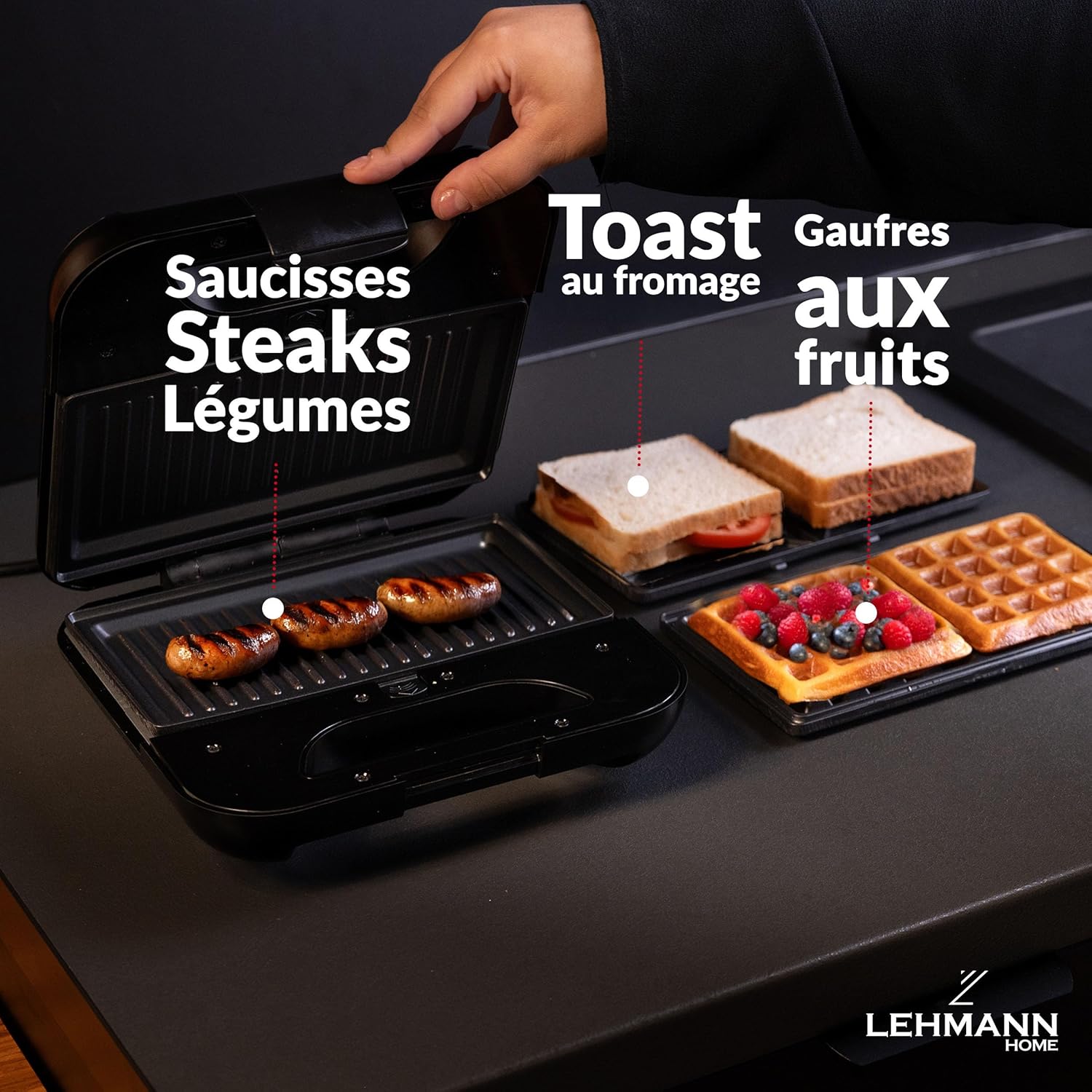 LEHMANN - Appareil 3-en-1, plaques interchangeables, revêtement antiadhésif, préparation rapide