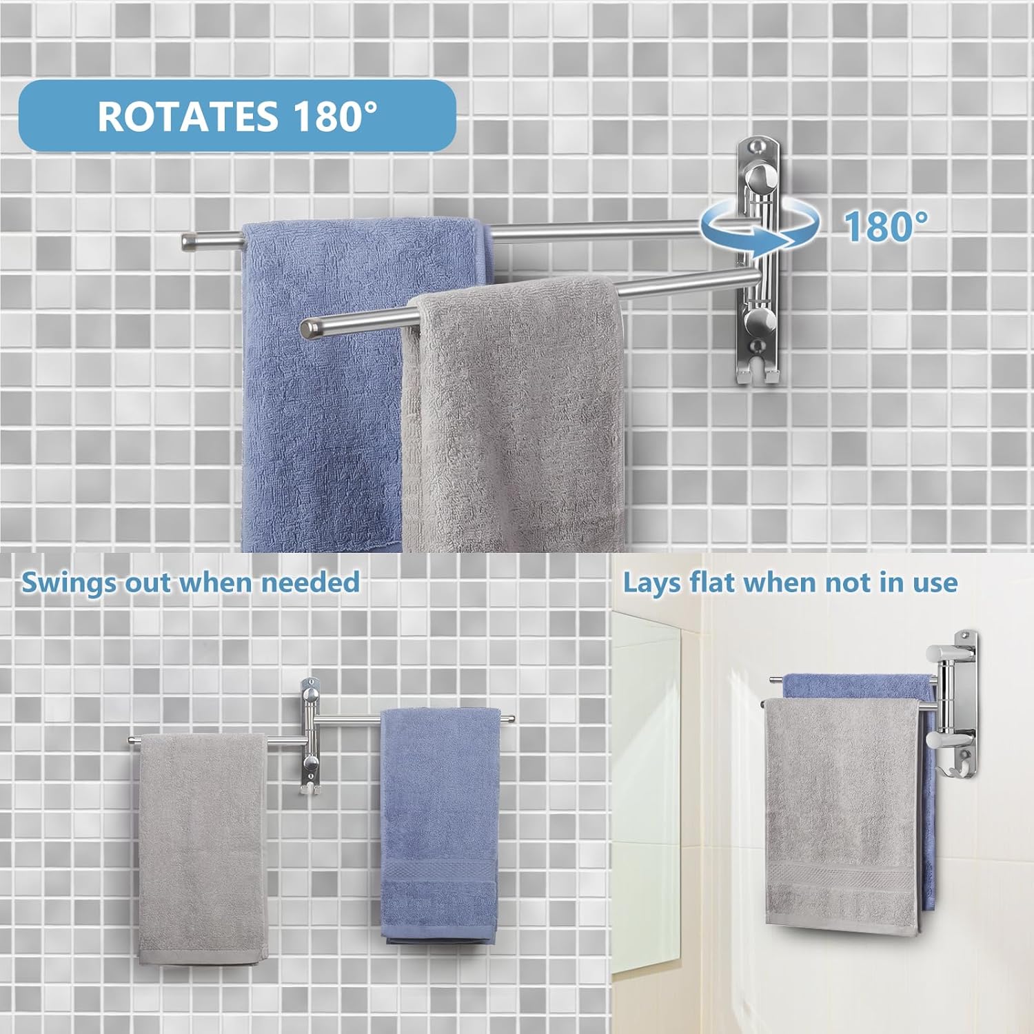 JSVER - porte-serviette double pivotant inox 180° - gain de place - argent