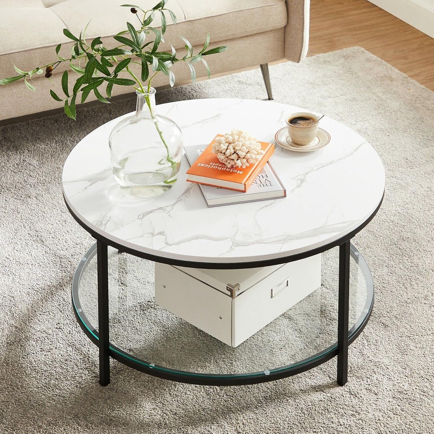 VASAGLE - table basse moderne, marbre blanc/verre trempé, LCT071B13