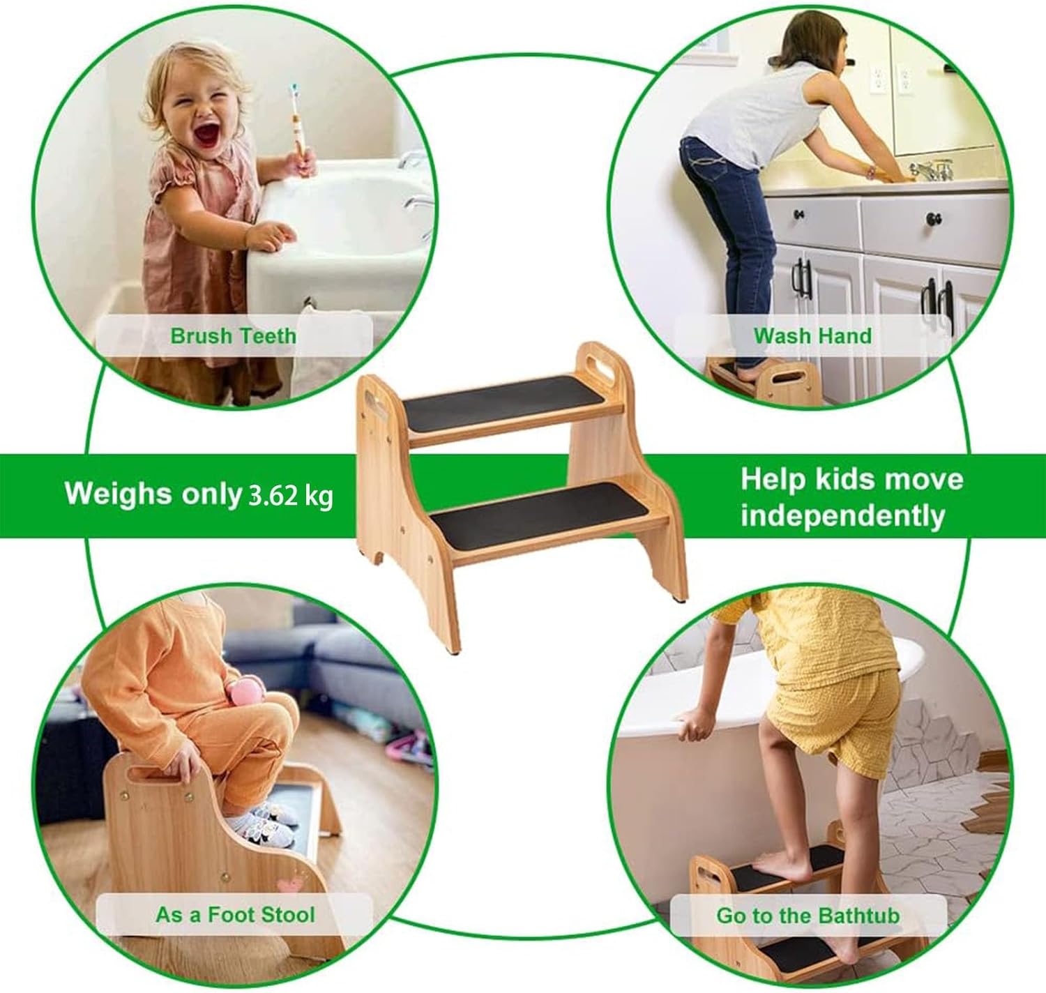 StrongTek - Tabouret 2 marches bois, poignée, 160kg, antidérapant, naturel