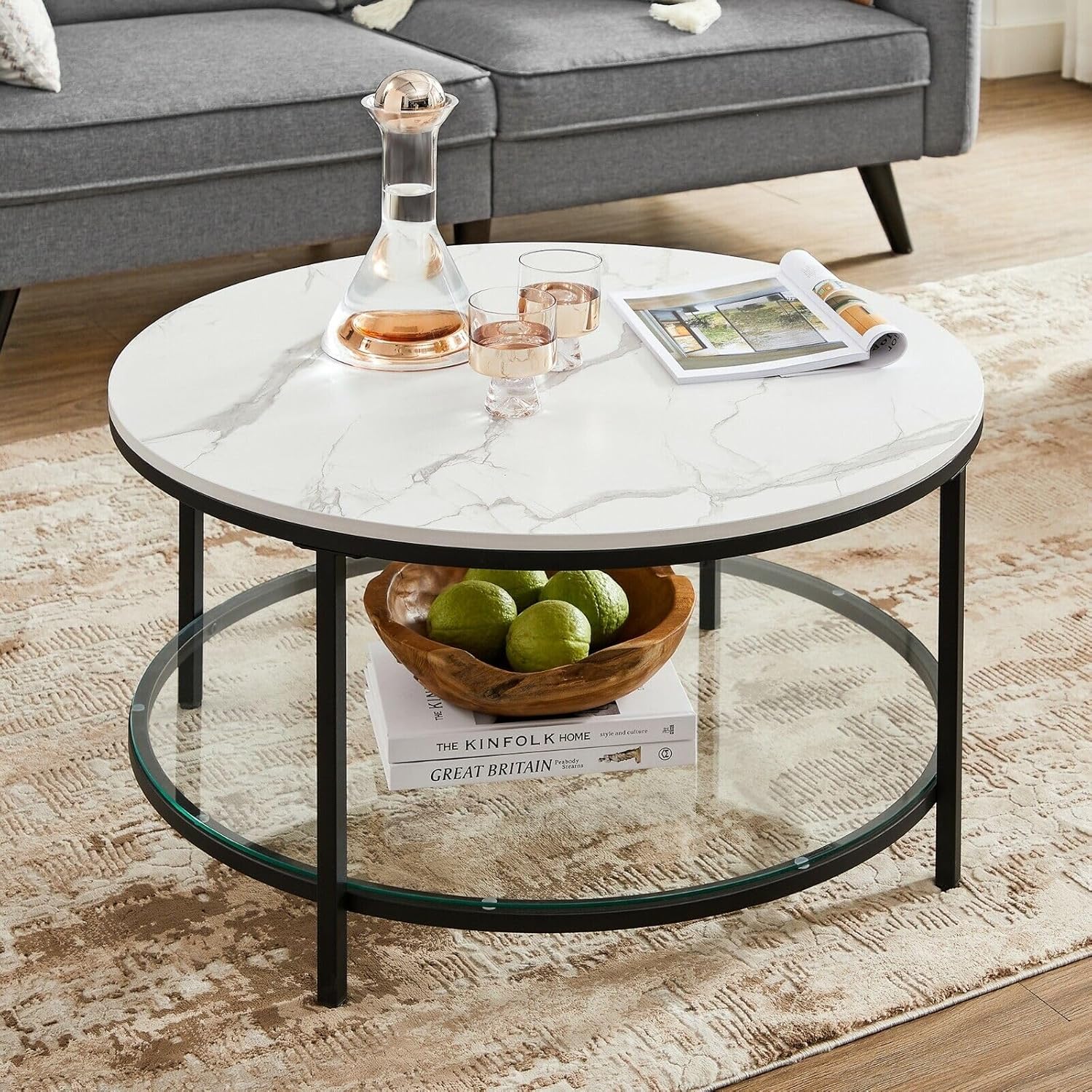 VASAGLE - table basse moderne, marbre blanc/verre trempé, LCT071B13