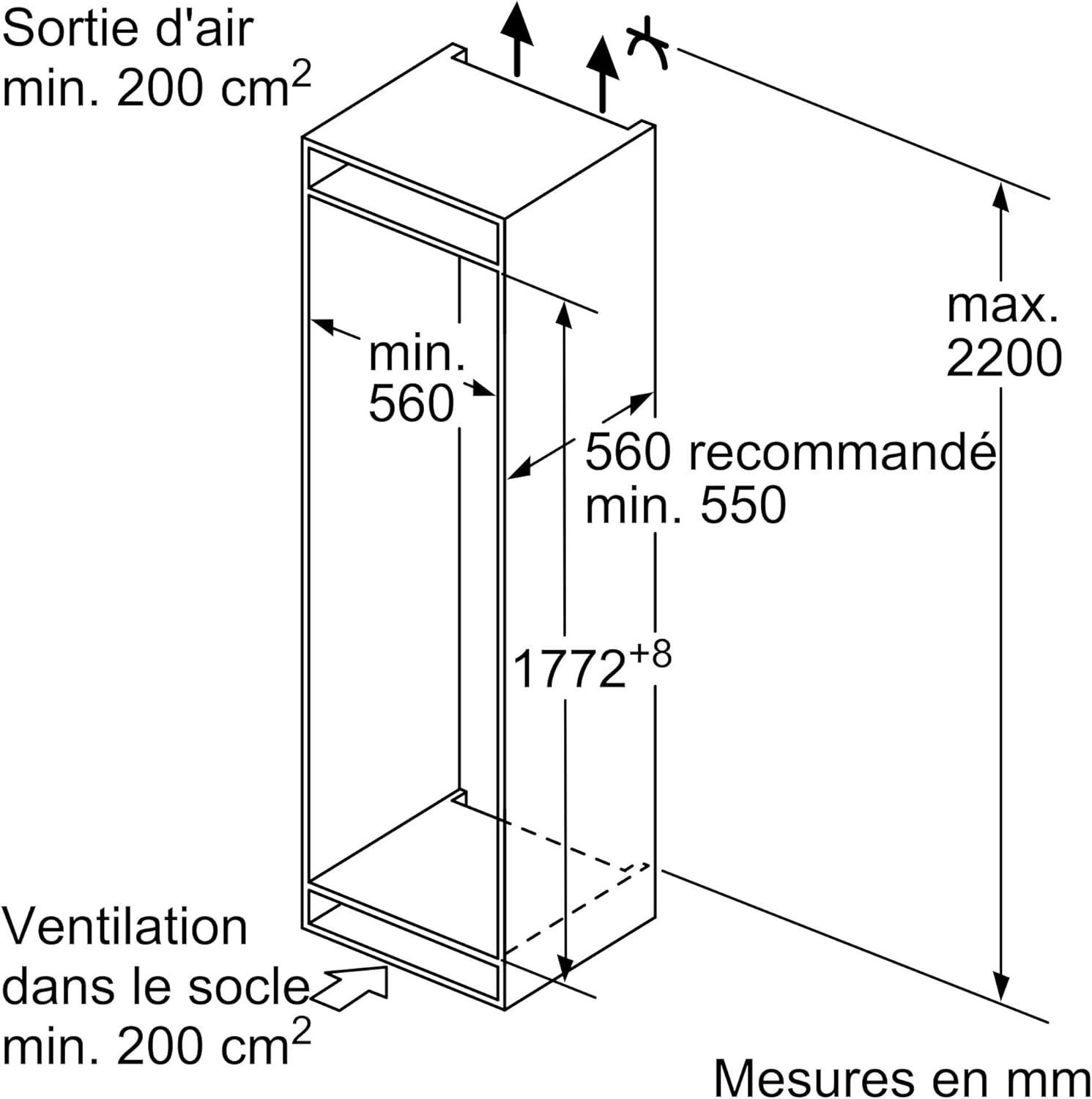 Bosch - Série 2 KIV87NSE0 - 177,2x54,1cm - 200L/70L encastrable