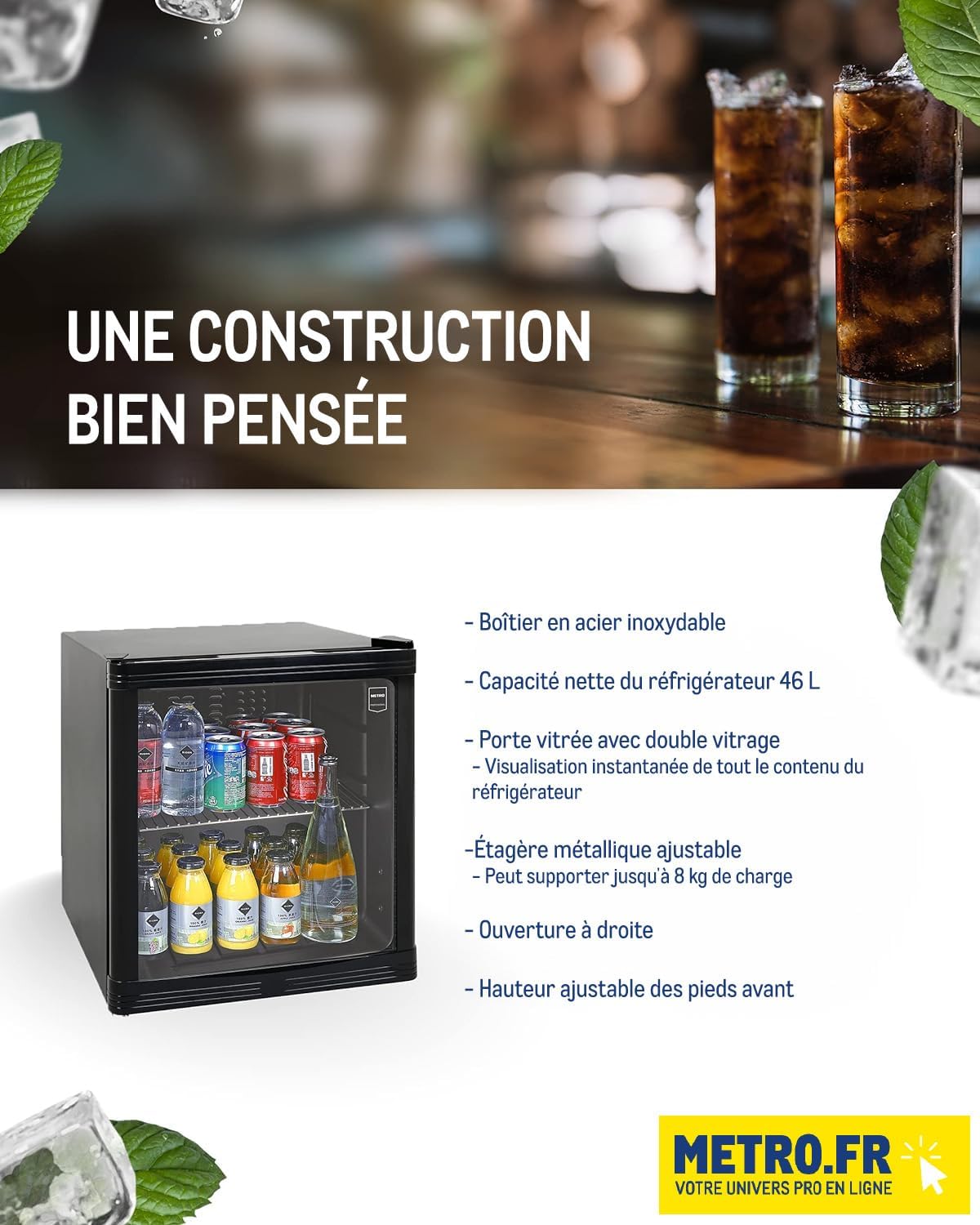 METRO Professional - minibar vitré, 46L, froid ventilé, 43x48x51.5cm - GPC1046