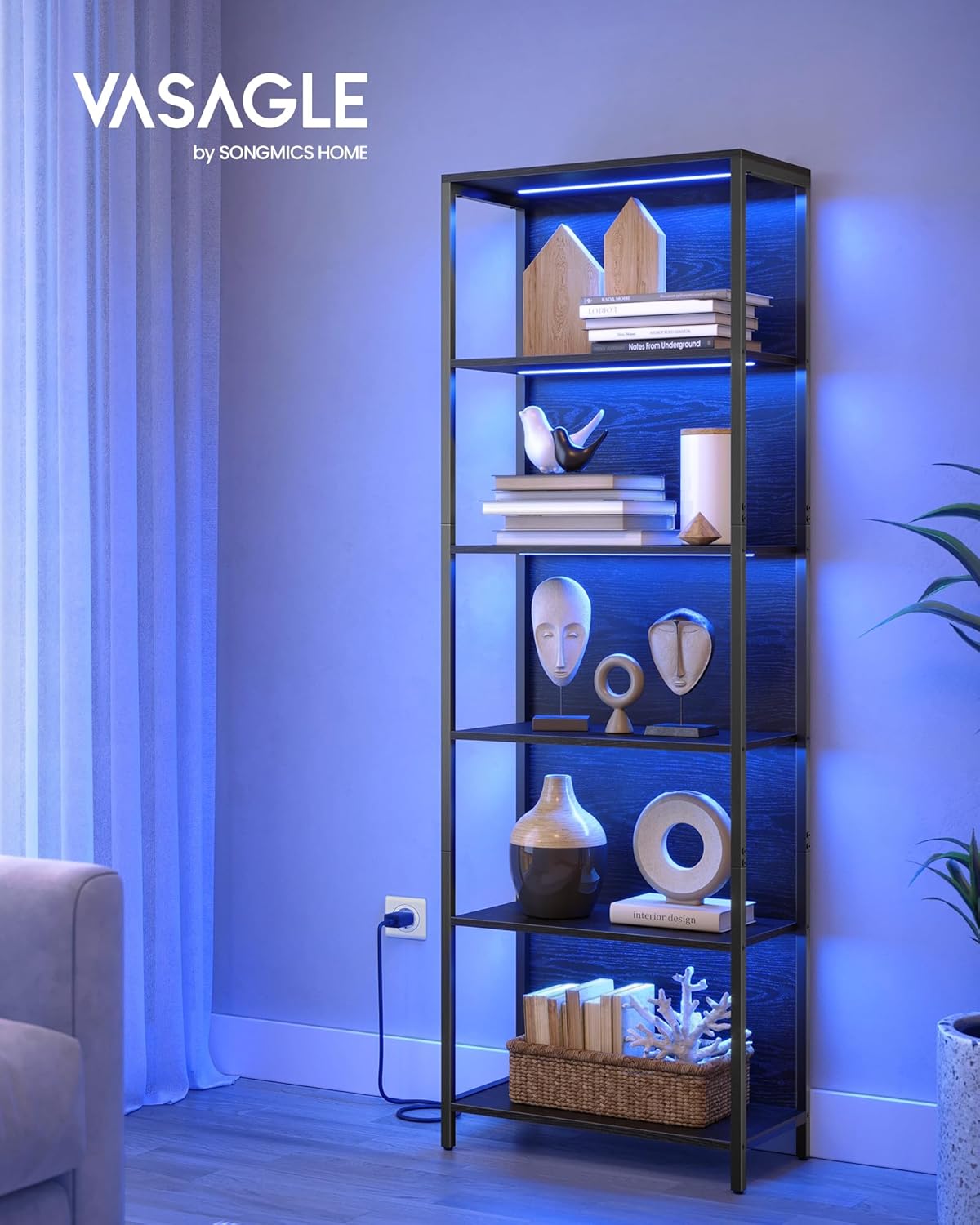 VASAGLE - bibliothèque 6 niveaux, LED, acier, 30,3x60x178,6 cm, LLS120B57